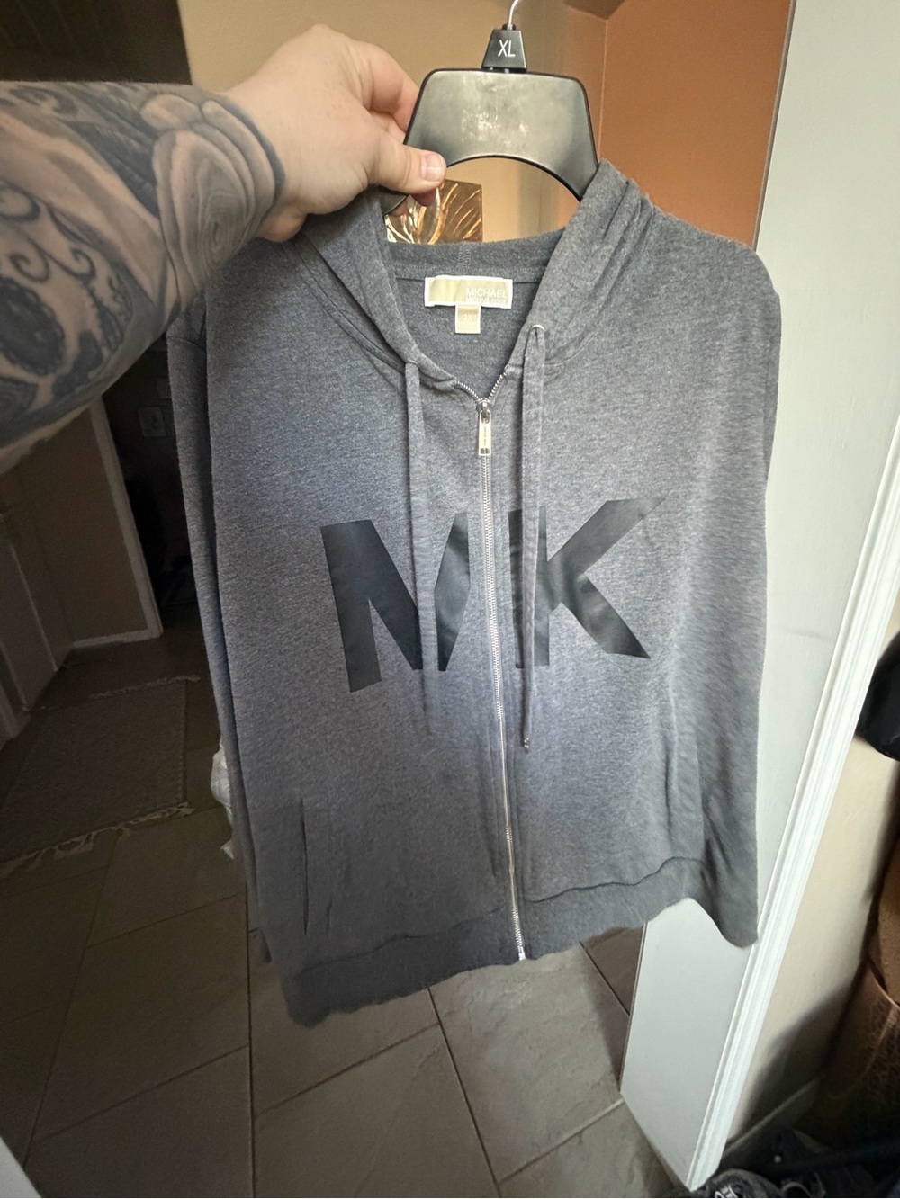 MICHAEL Michael Kors Charcoal Gray Zip Hoodie with MK Label